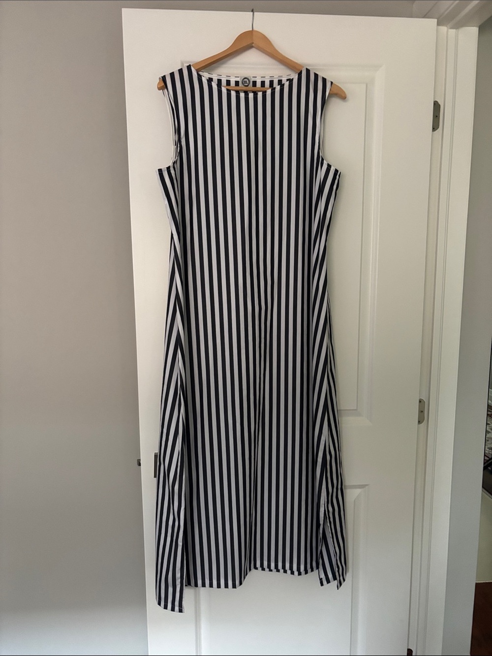 Sleeveless Black and White Vertical Stripe Maxi Dress